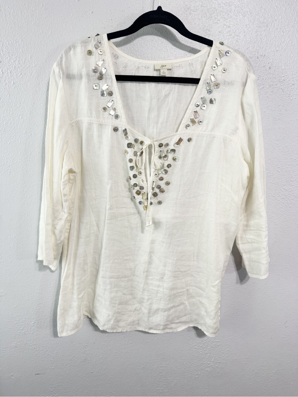 J. Jill White Embellished Tie-Front V-Neck linen Blouse large
